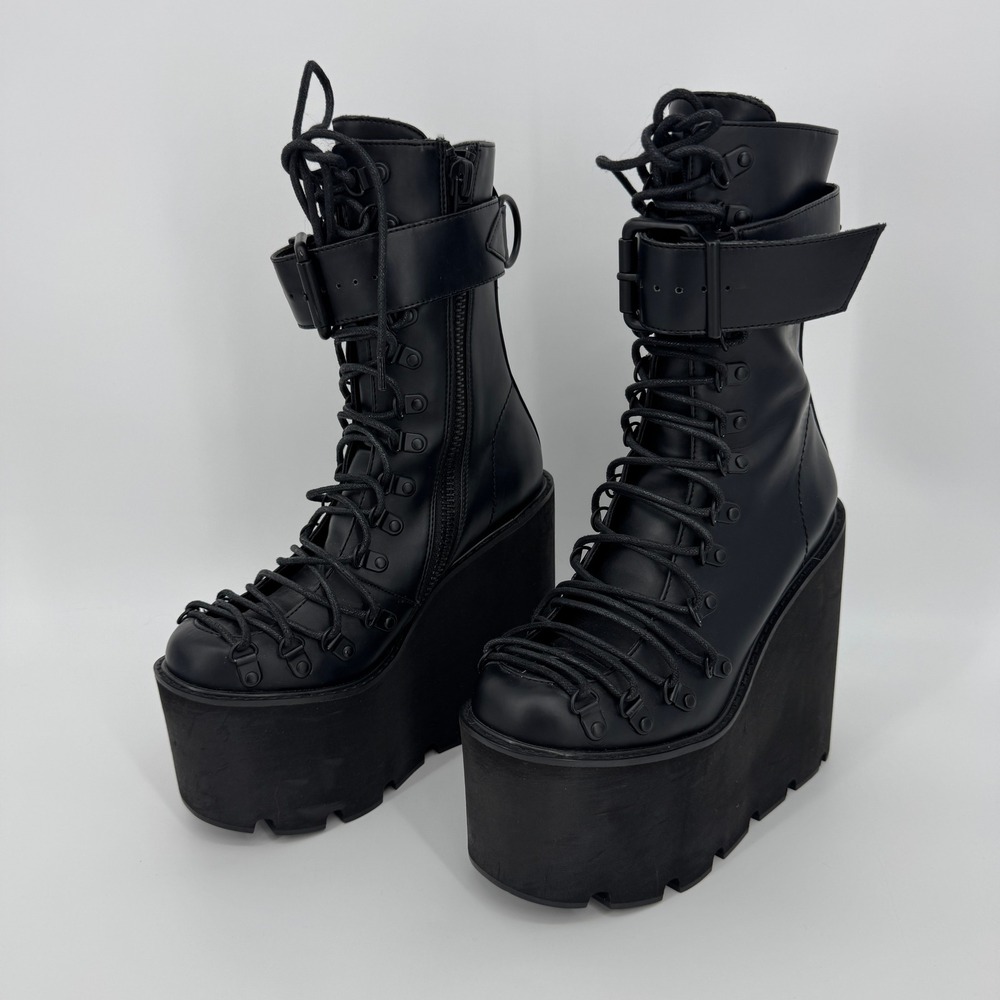 Current Mood Traitor Boots 7 Black Platform Wedge Goth Punk Combat Buckle - Picture 4 of 13